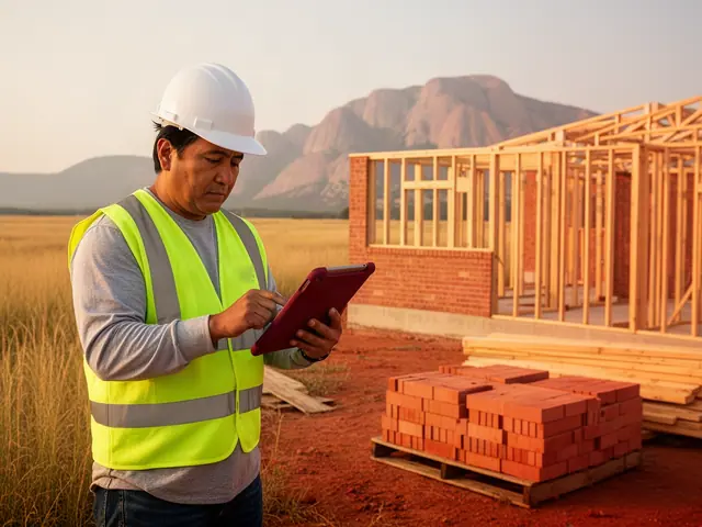 Builder in a white hard hat and hi-vis vest using a burgundy tablet beside a brick house frame and brick pallet