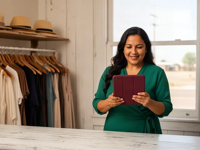 Smiling woman with long dark waves in an emerald wrap blouse reviewing a burgundy tablet behind a whitewashed boutique counter